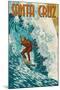 Santa Cruz, California - Stylized Surfer-Lantern Press-Mounted Art Print