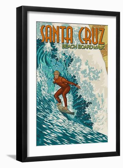 Santa Cruz, California - Stylized Surfer-Lantern Press-Framed Art Print