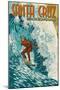 Santa Cruz, California - Stylized Surfer-Lantern Press-Mounted Art Print
