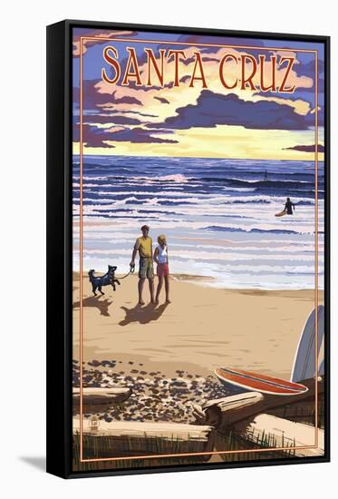 Santa Cruz, California - Sunset Beach Scene-Lantern Press-Framed Stretched Canvas