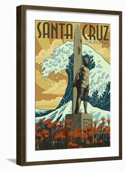 Santa Cruz, California - Surfer Statue-Lantern Press-Framed Art Print