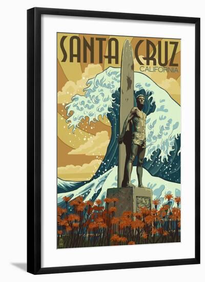 Santa Cruz, California - Surfer Statue-Lantern Press-Framed Art Print