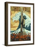 Santa Cruz, California - Surfer Statue-Lantern Press-Framed Art Print