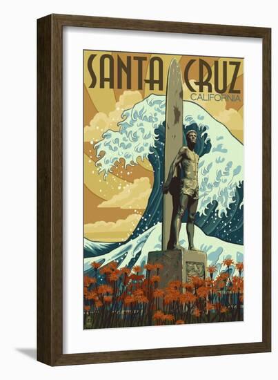 Santa Cruz, California - Surfer Statue-Lantern Press-Framed Art Print