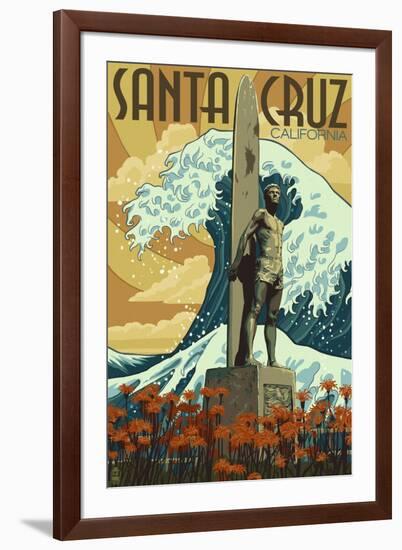 Santa Cruz, California - Surfer Statue-Lantern Press-Framed Art Print