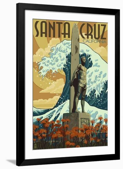 Santa Cruz, California - Surfer Statue-Lantern Press-Framed Art Print