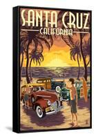 Santa Cruz, California - Vintage Woodies on the Beach-Lantern Press-Framed Stretched Canvas