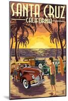 Santa Cruz, California - Vintage Woodies on the Beach-Lantern Press-Mounted Art Print