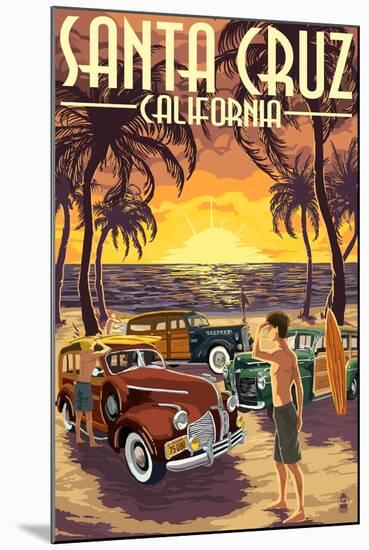 Santa Cruz, California - Vintage Woodies on the Beach-Lantern Press-Mounted Art Print