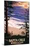 Santa Cruz, California - West Cliff Sunset and Surfers-Lantern Press-Mounted Art Print