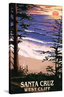 Santa Cruz, California - West Cliff Sunset and Surfers-Lantern Press-Stretched Canvas