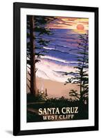 Santa Cruz, California - West Cliff Sunset and Surfers-Lantern Press-Framed Art Print