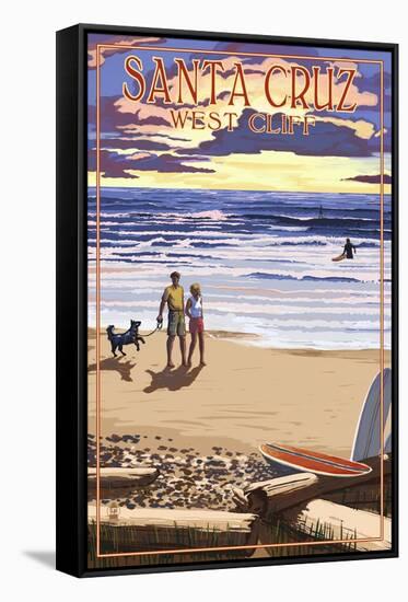 Santa Cruz, California - West Cliff Sunset Beach Scene-Lantern Press-Framed Stretched Canvas