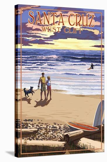 Santa Cruz, California - West Cliff Sunset Beach Scene-Lantern Press-Stretched Canvas