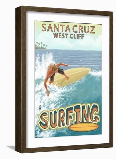 Santa Cruz, California - West Cliff Surfer Scene-Lantern Press-Framed Art Print