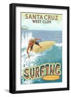 Santa Cruz, California - West Cliff Surfer Scene-Lantern Press-Framed Art Print