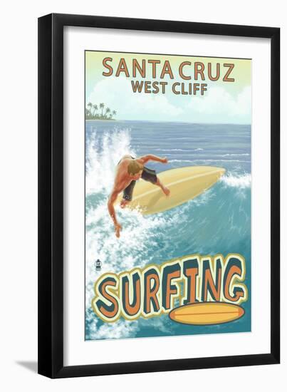 Santa Cruz, California - West Cliff Surfer Scene-Lantern Press-Framed Art Print