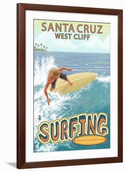 Santa Cruz, California - West Cliff Surfer Scene-Lantern Press-Framed Art Print