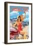 Santa Cruz, California - Woman Waving and Rides-Lantern Press-Framed Art Print