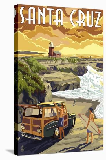 Santa Cruz, California - Woody and Lighthouse-Lantern Press-Stretched Canvas