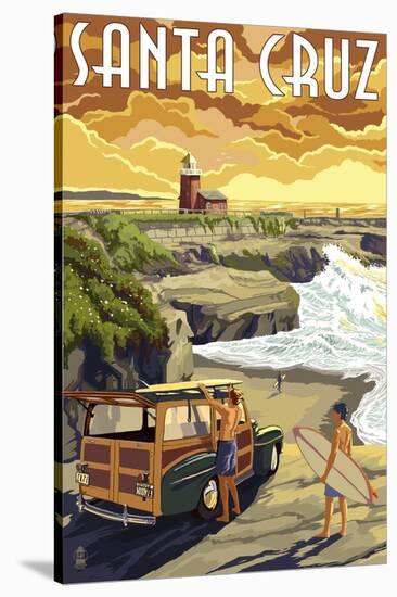 Santa Cruz, California - Woody and Lighthouse-Lantern Press-Stretched Canvas