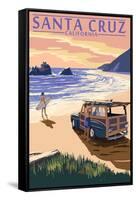 Santa Cruz, California - Woody on Beach-Lantern Press-Framed Stretched Canvas