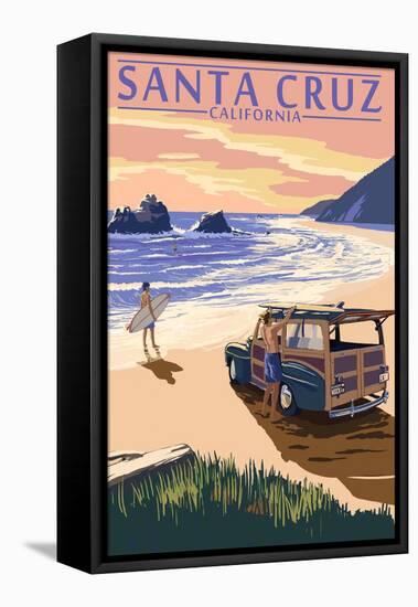 Santa Cruz, California - Woody on Beach-Lantern Press-Framed Stretched Canvas