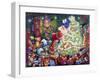 Santa Decorates Tree Surrounded by Presents and Catschristmas-Bill Bell-Framed Giclee Print