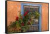Santa Fe, New Mexico. Blue painted lattice wooden window-Jolly Sienda-Framed Stretched Canvas