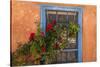 Santa Fe, New Mexico. Blue painted lattice wooden window-Jolly Sienda-Stretched Canvas