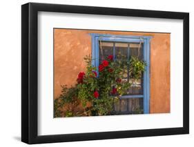 Santa Fe, New Mexico. Blue painted lattice wooden window-Jolly Sienda-Framed Photographic Print