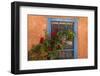 Santa Fe, New Mexico. Blue painted lattice wooden window-Jolly Sienda-Framed Photographic Print