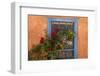 Santa Fe, New Mexico. Blue painted lattice wooden window-Jolly Sienda-Framed Photographic Print