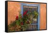 Santa Fe, New Mexico. Blue painted lattice wooden window-Jolly Sienda-Framed Stretched Canvas