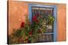 Santa Fe, New Mexico. Blue painted lattice wooden window-Jolly Sienda-Stretched Canvas