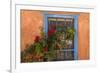 Santa Fe, New Mexico. Blue painted lattice wooden window-Jolly Sienda-Framed Premium Photographic Print