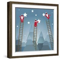 Santa Hanging Stars and Christmas Woods. Raster Variant.-Popmarleo-Framed Art Print