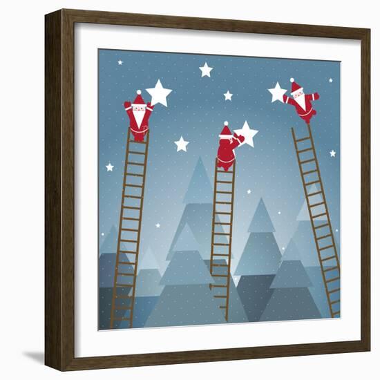 Santa Hanging Stars and Christmas Woods. Raster Variant.-Popmarleo-Framed Art Print