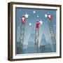 Santa Hanging Stars and Christmas Woods. Raster Variant.-Popmarleo-Framed Art Print