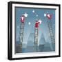 Santa Hanging Stars and Christmas Woods. Raster Variant.-Popmarleo-Framed Art Print