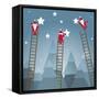 Santa Hanging Stars and Christmas Woods. Raster Variant.-Popmarleo-Framed Stretched Canvas