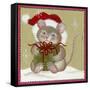 Santa Hat Wearing Mouse Holding Present-Beverly Johnston-Framed Stretched Canvas
