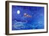 Santa in Night Sky over Winter Village in Sleigh Pulled by Reindeer-Bill Bell-Framed Giclee Print