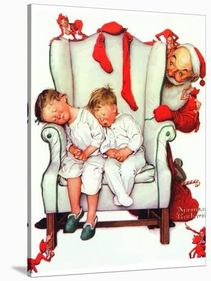 Santa Looking at Two Sleeping Children (or Santa Filling the Stockings)-Norman Rockwell-Stretched Canvas