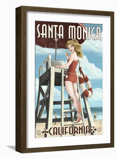 Santa Monica, California - Lifeguard Pinup-Lantern Press-Framed Art Print