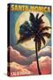 Santa Monica, California - Palm and Moon-Lantern Press-Stretched Canvas