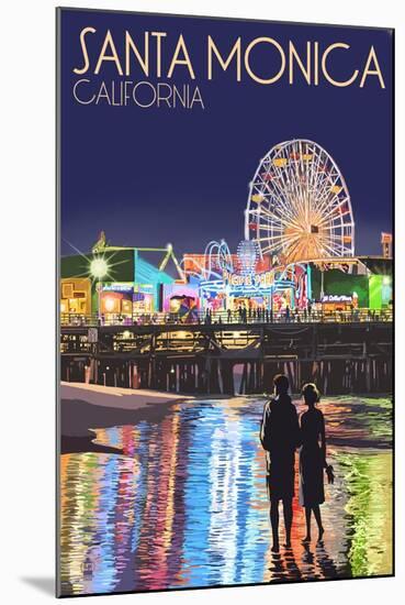 Santa Monica, California - Pier at Night-Lantern Press-Mounted Art Print