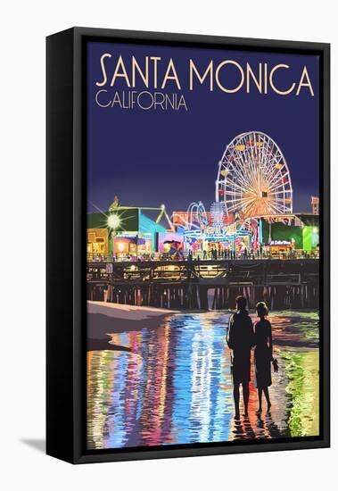 Santa Monica, California - Pier at Night-Lantern Press-Framed Stretched Canvas