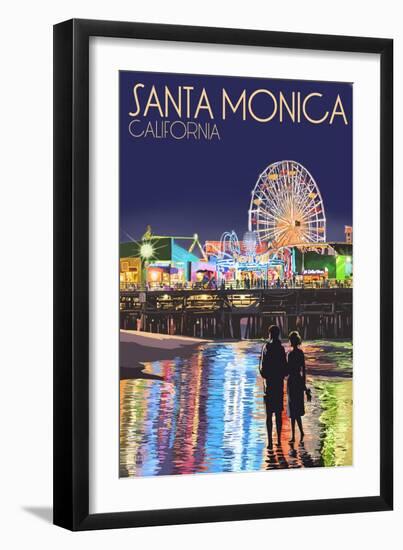 Santa Monica, California - Pier at Night-Lantern Press-Framed Art Print