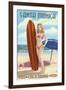 Santa Monica, California - Pinup Surfer Girl-Lantern Press-Framed Art Print